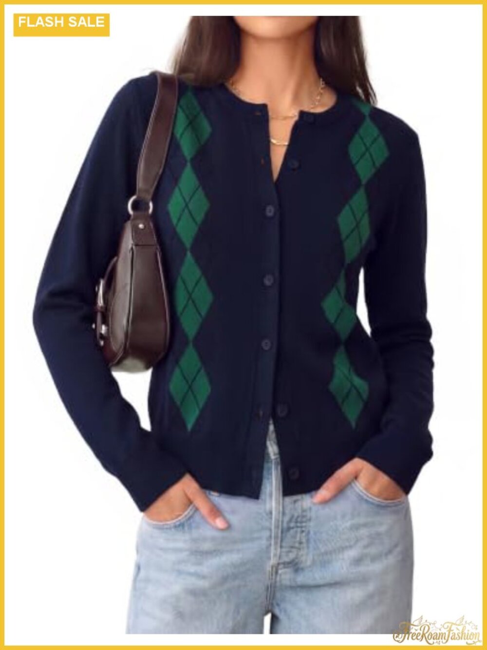 Women's Argyle Cardigan Button Up Crewneck Long Sleeve Fall Layering Sweater